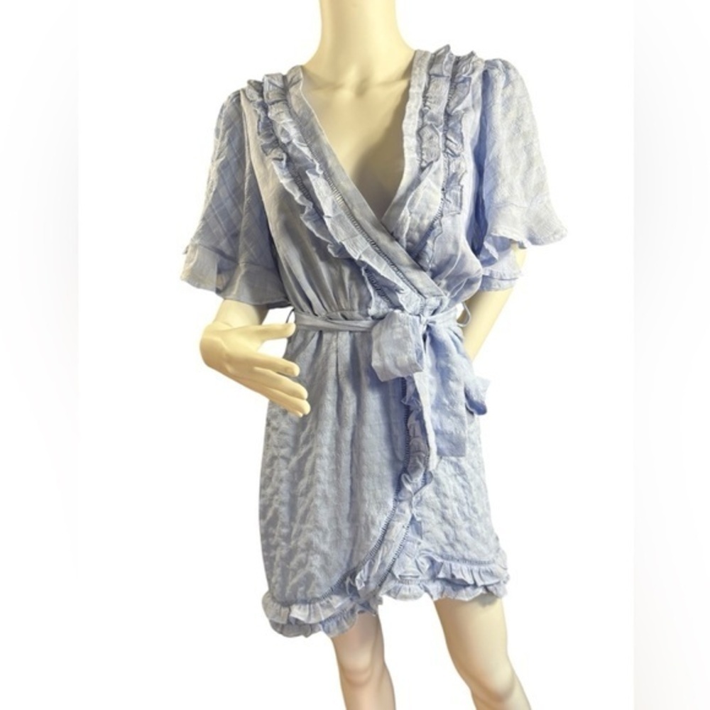 Saints+Secrets Blue Ruffle Mini Wrap Short Sleeve Dress - Whimsigoth, Party